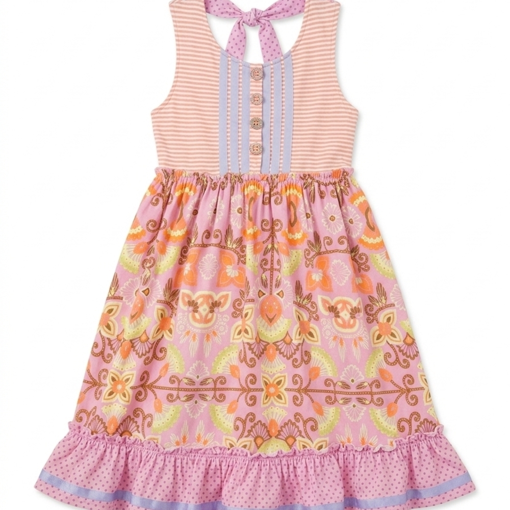 Matilda Jane Dress Girls Size 12 Pink Floral Stripes Whimsical Boho Tiered Midi